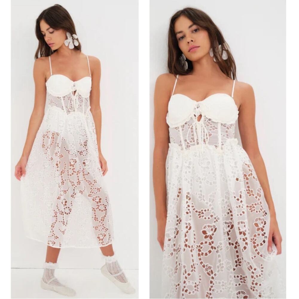 FOR LOVE & LEMONS Romi Eyelet Lace Sheer White Midi Dress Size Small - Picture 2 of 10